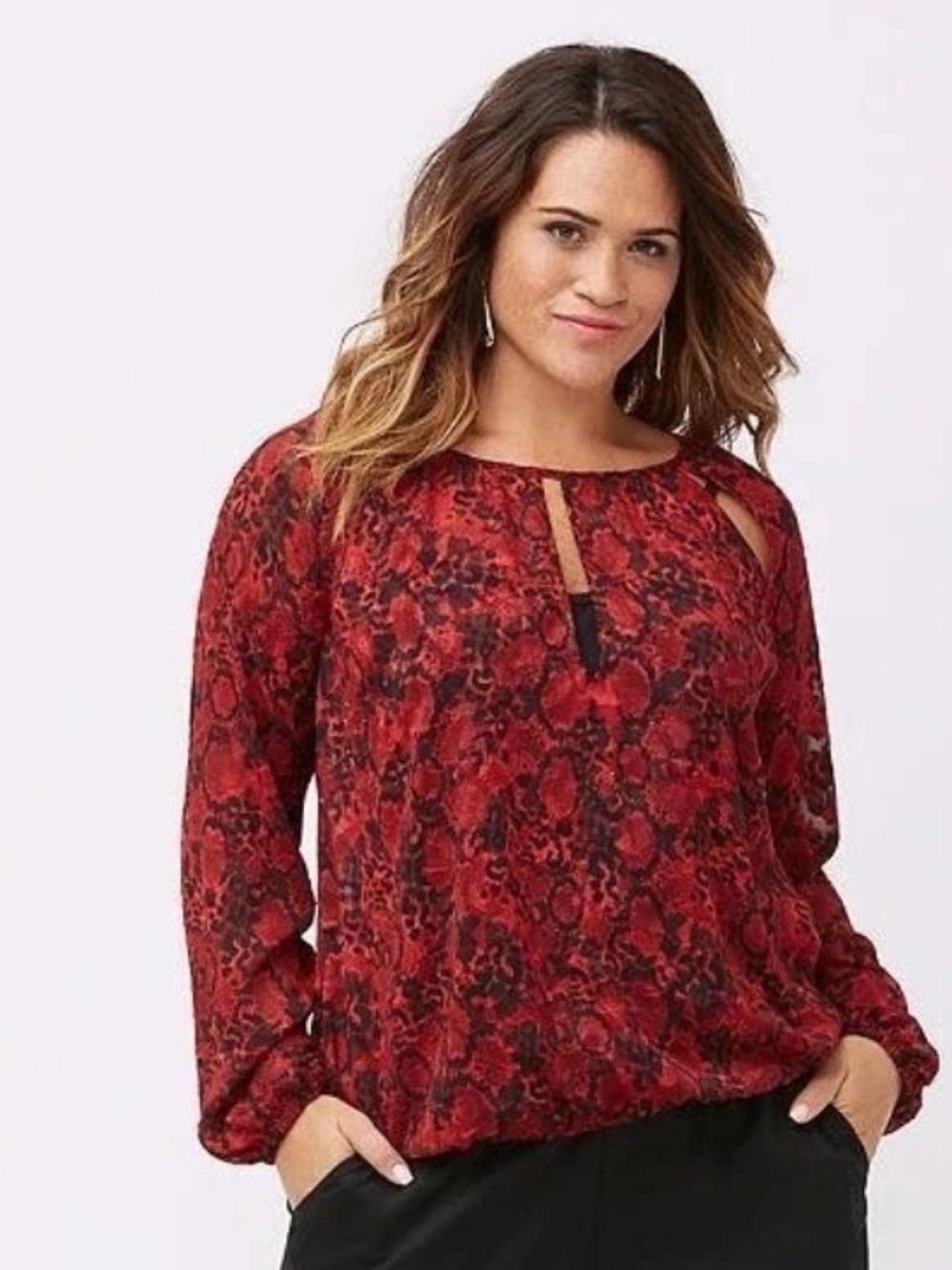 Lane Bryant Red Floral Keyhole Long-Sleeve Blouse